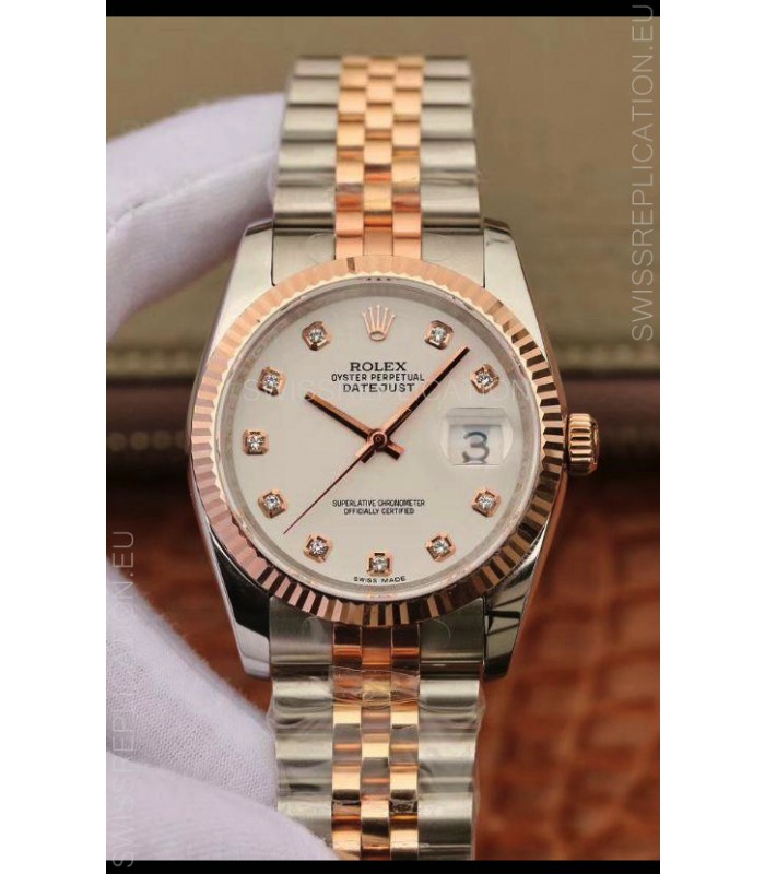 Rolex Datejust 36MM Cal.3135 Movement Swiss Replica Watch in 904L Steel Two Tone Casing White Dial