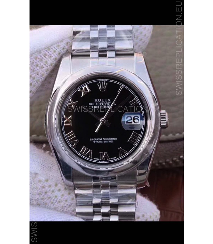 Rolex Datejust 36MM Cal.3135 Movement Swiss Replica Watch in 904L Steel Casing in Black Dial