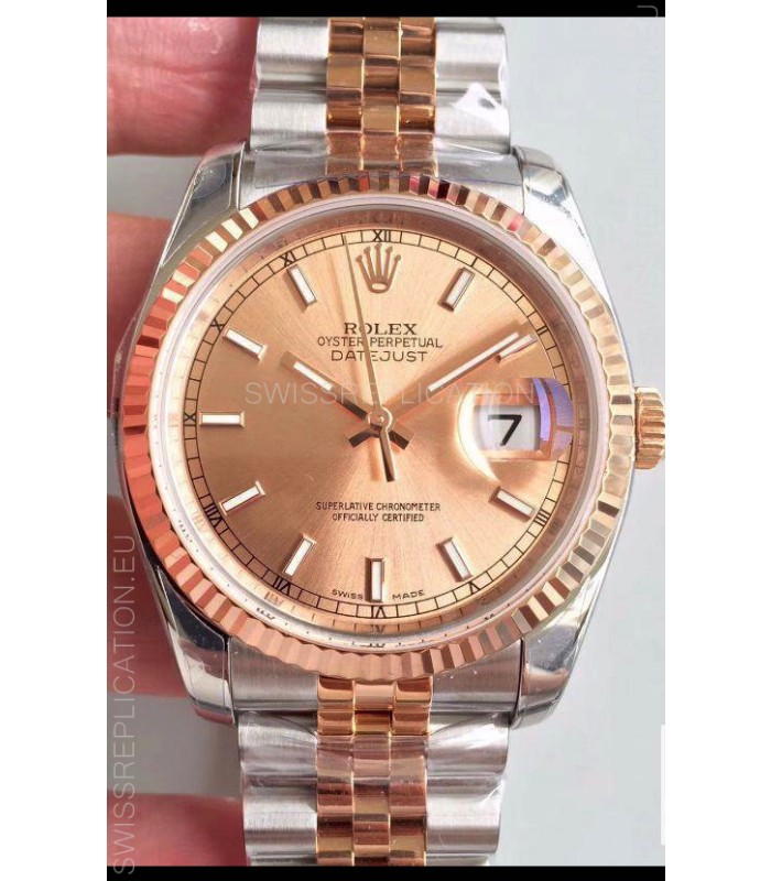 Rolex Datejust 36MM Cal.3135 Movement Swiss Replica Watch in 904L Steel Two Tone Casing Gold Dial
