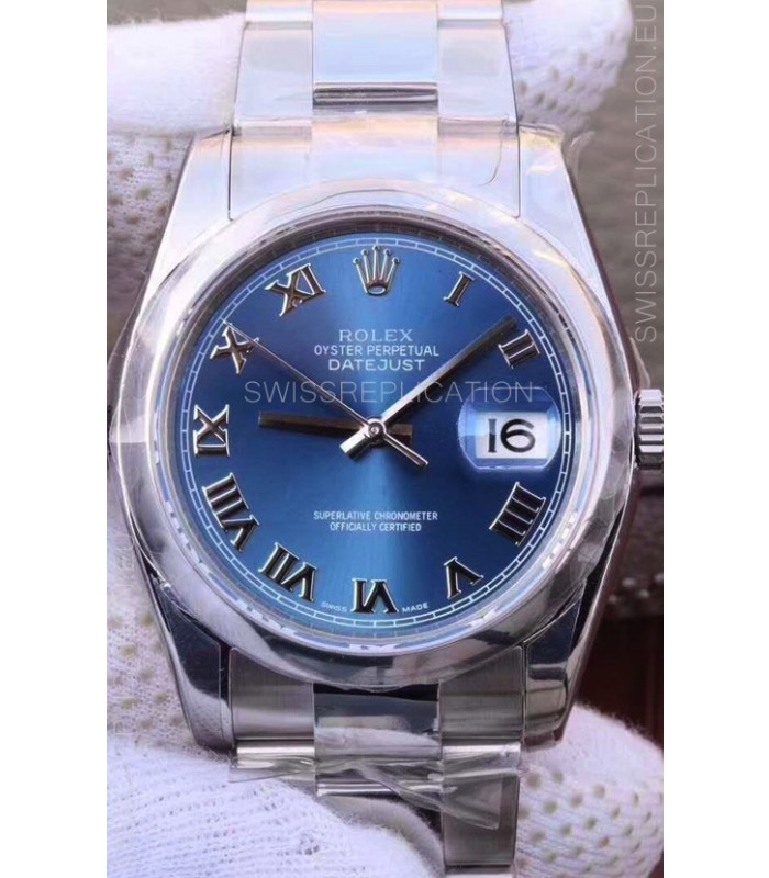 Rolex Datejust 36MM Cal.3135 Movement Swiss Replica Watch in 904L Steel Casing in Blue Roman Dial