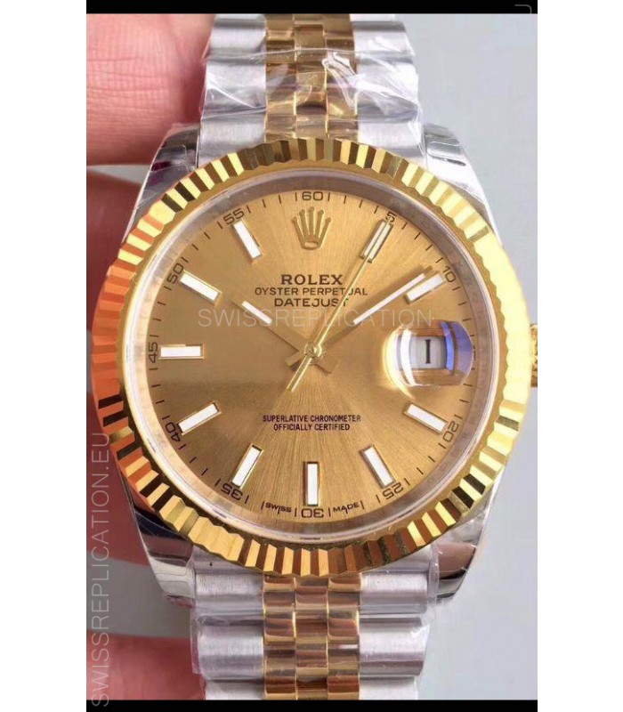 Rolex Datejust 41MM Cal.3135 Movement Swiss Replica Watch in 904L Steel Two Tone Casing Gold Dial