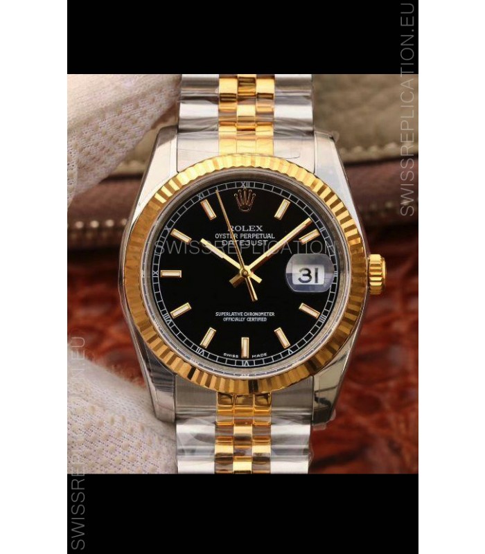 Rolex Datejust 36MM Cal.3135 Movement Swiss Replica Watch in 904L Steel Two Tone Casing Black Dial