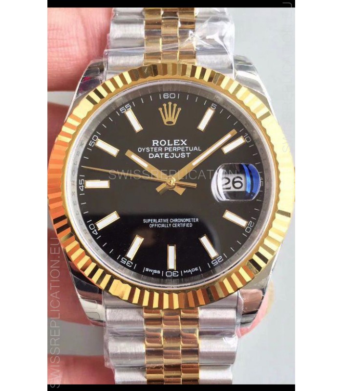 Rolex Datejust 41MM Cal.3135 Movement Swiss Replica Watch in 904L Steel Two Tone Black Dial