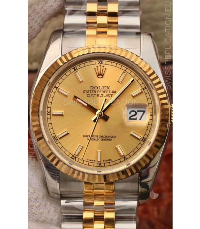 Rolex Datejust 36MM Cal.3135 Movement Swiss Replica Watch in 904L Steel Two Tone Casing Gold Dial
