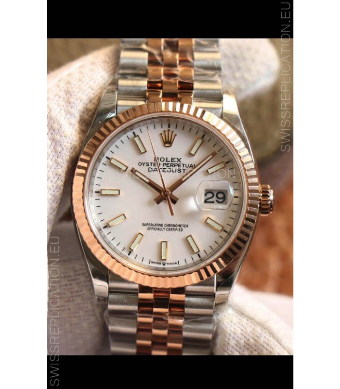 Rolex Datejust 36MM Cal.3135 Movement Swiss Replica Watch in 904L Steel Two Tone Casing White Dial