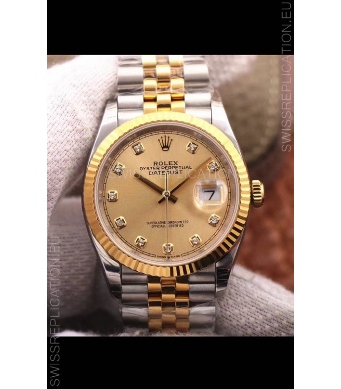 Rolex Datejust 36MM Cal.3135 Movement Swiss Replica Watch in 904L Steel Two Tone Casing Gold Dial