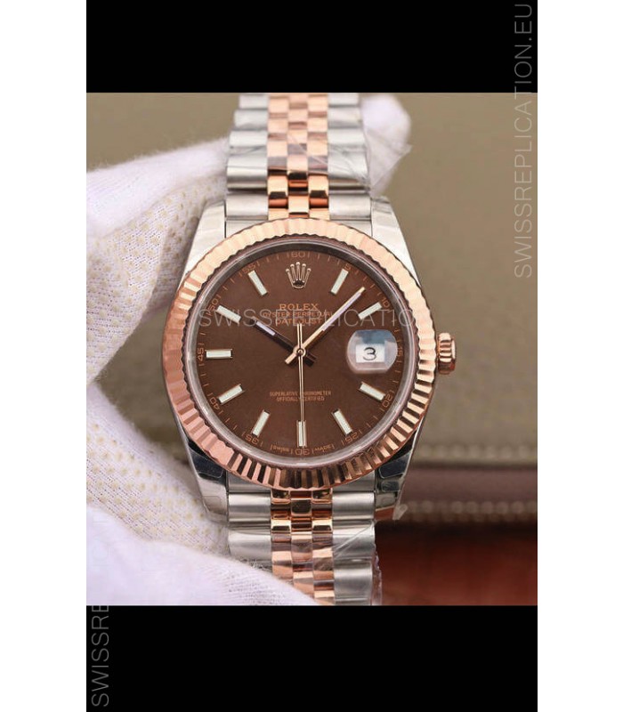 Rolex Datejust 41MM Cal.3135 Movement Swiss Replica Watch in 904L Steel Two Tone Brown Dial