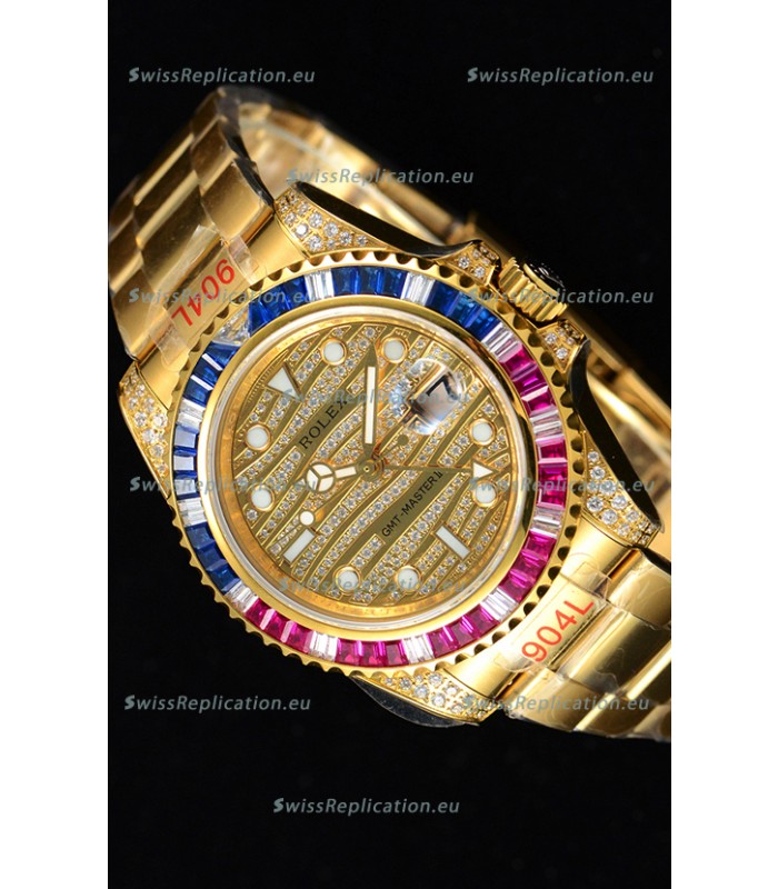 Rolex GMT Masters II Iced out Swiss watch with Yellow Gold 904L Case