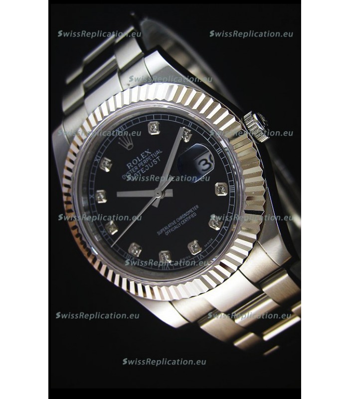 Rolex Datejust II 41MM with Cal.3136 Movement Swiss Replica Watch in Black Dial Diamonds Markers