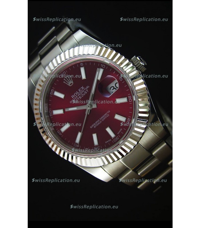 Rolex Datejust II 41MM with Cal.3136 Movement Swiss Replica Watch in Deep Red Dial Stick Markers 