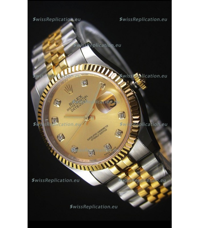 Rolex Datejust Replica Watch Gold with Diamonds Dial in 36MM with 3135 Swiss Movement 