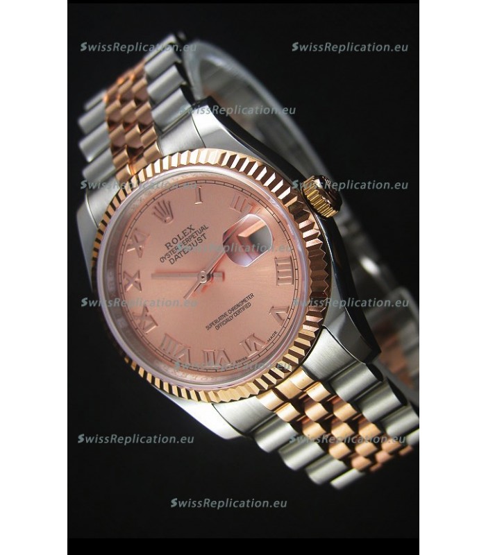 Rolex Datejust Replica Watch Rose Gold with Roman Dial in 36MM with 3135 Swiss Movement 