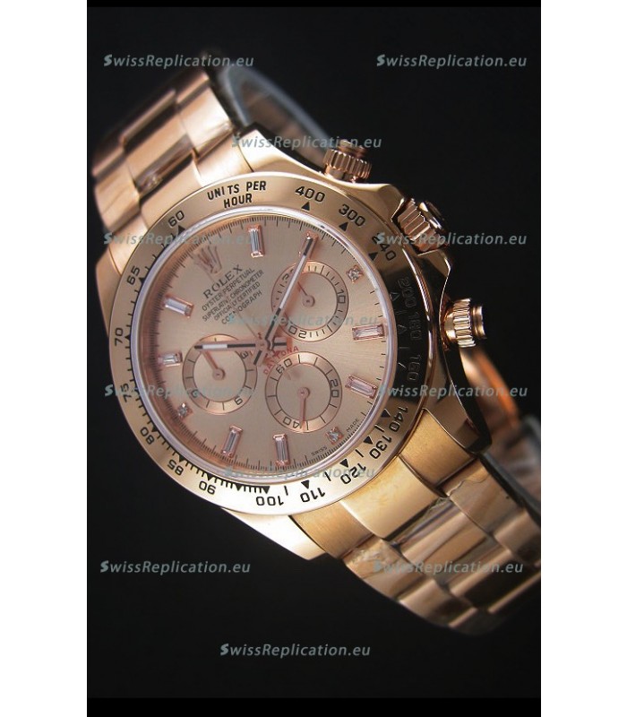Rolex Daytona Rose Gold Casing with Baguette Diamonds Markers Swiss Replica Watch