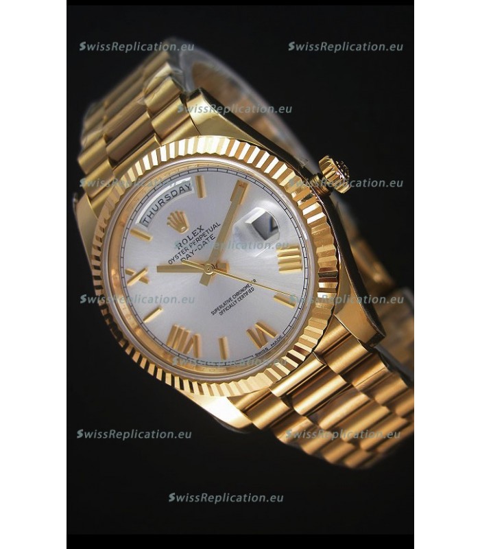 Rolex Day-Date 40MM Replica Watch in Silver dial with Roman Hour Numerals Cal.3255 Swiss Movement