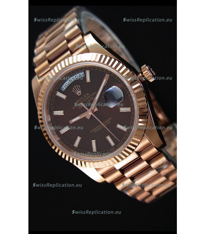 Rolex Day-Date 40MM Rose Gold in Brown Textured Dial Stick Markers