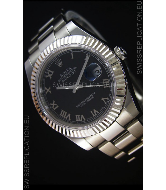 Rolex Datejust Japanese Replica Watch - Black Dial Roman Markers in 41MM with Oyster Strap