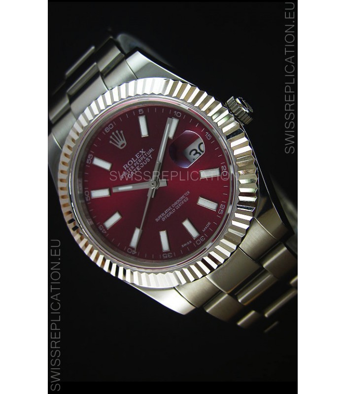 Rolex Datejust Japanese Replica Watch - Maroon Dial in 41MM with Oyster Strap