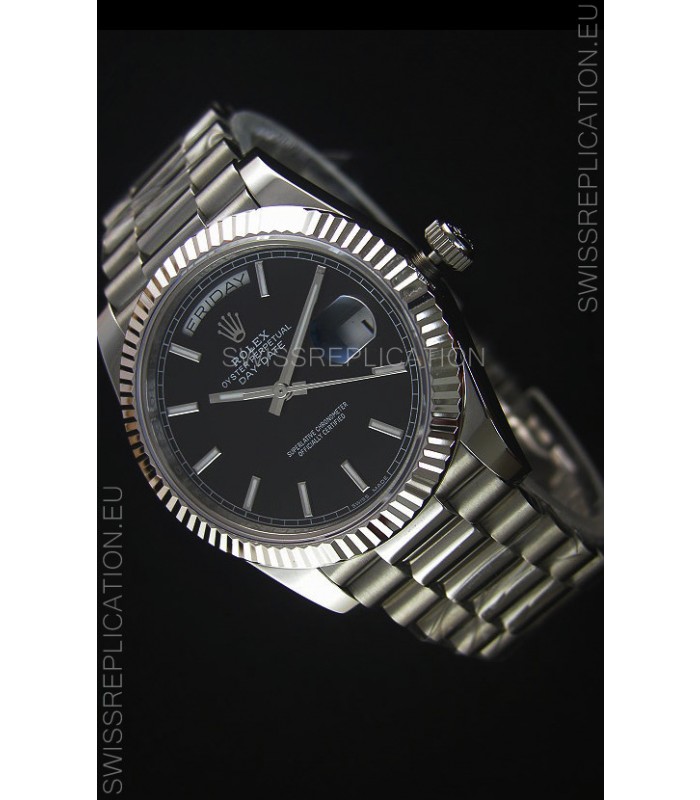 Rolex Day Date Japanese Replica Watch - Black Dial in Steel Casing - 40MM