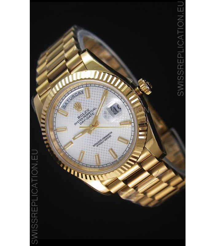Rolex Day Date Japanese Replica Watch - Yellow Gold Casing in Steel Patterned Dial 40MM