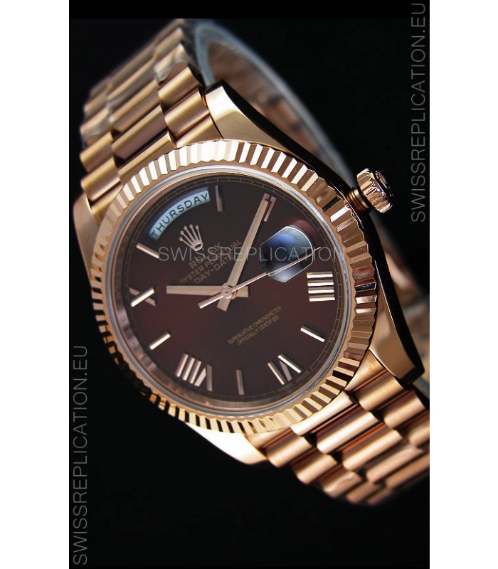 Rolex Day Date Japanese Replica Watch - Rose Gold Casing in Maroon Dial 40MM