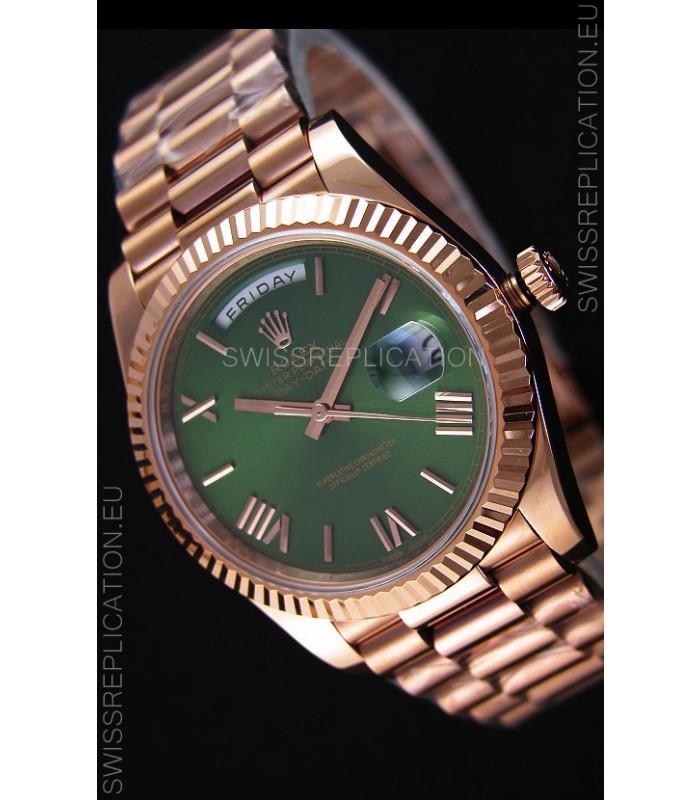 Rolex Day Date Japanese Replica Watch - Rose Gold Casing in Green Dial 40MM
