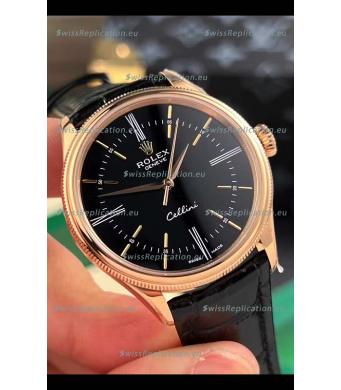 Rolex Cellini Date Ref#50505 Replica 1:1 Mirror Rose Gold Steel Black Dial Watch 