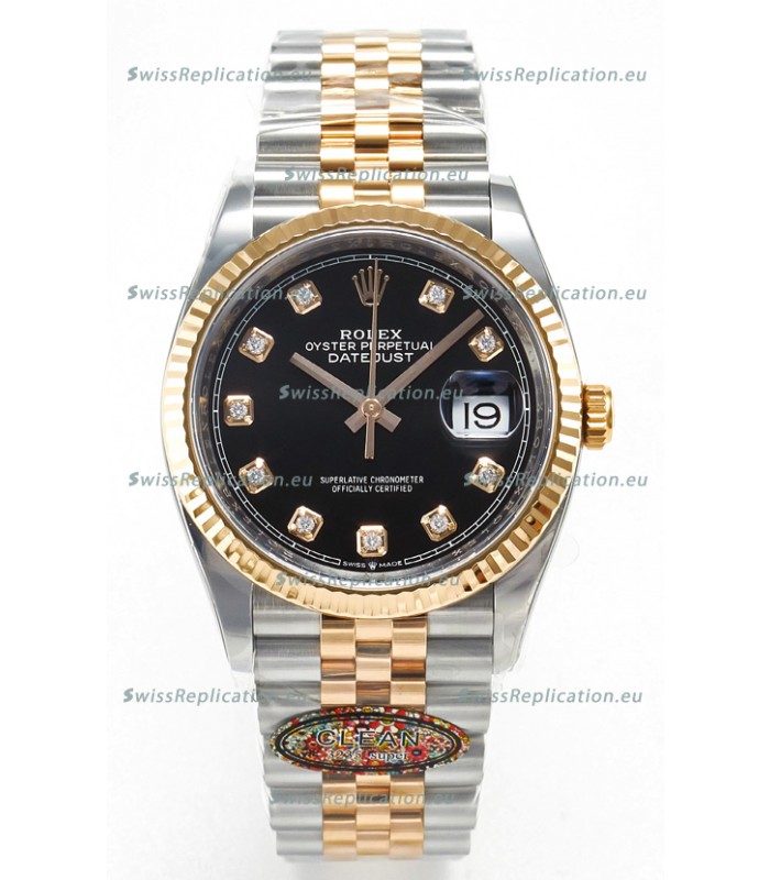 Rolex Super Clone Datejust ETA 3235 Movement 36MM Two Tone Rose Gold Swiss Black Dial Watch