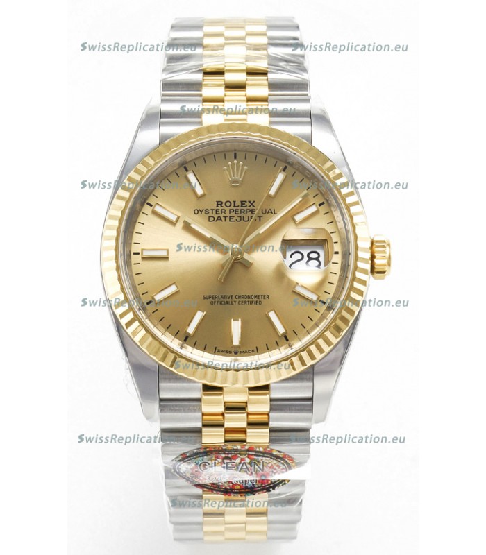 Rolex Super Clone Datejust ETA 3235 Movement 36MM Two Tone Yellow Gold Swiss Gold Dial