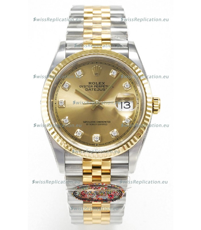 Rolex Super Clone Datejust ETA 3235 Movement 36MM Two Tone Yellow Gold Swiss Gold Dial