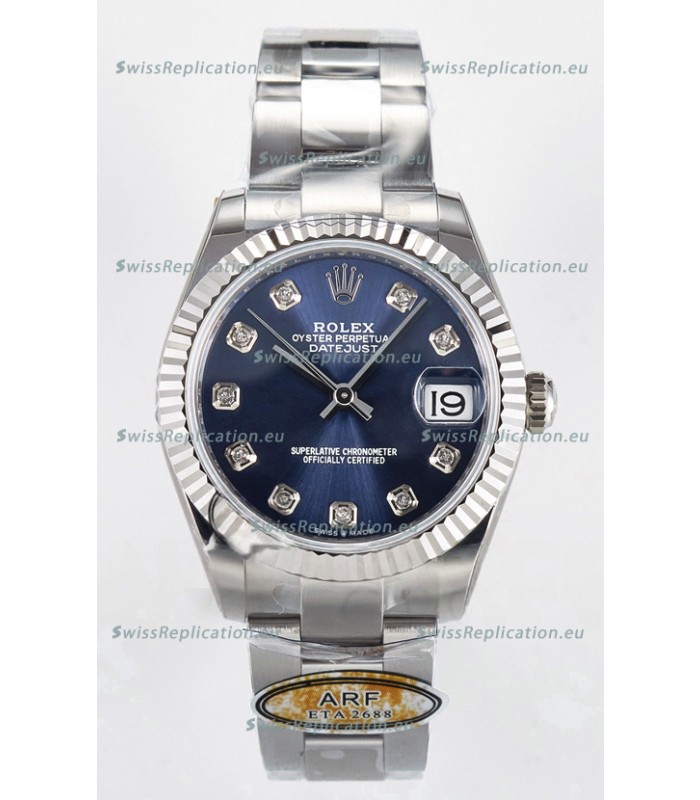 Rolex Super Clone Datejust ETA 2688 Movement 31MM Stainless Steel Blue Diamonds Dial Watch 
