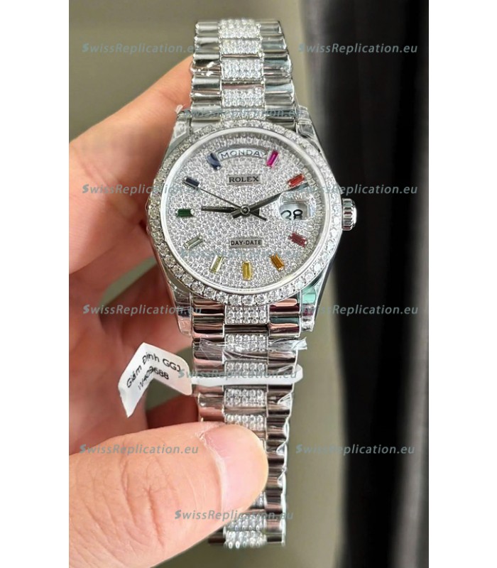 Rolex Day Date Super Clone White Gold Plated Custom Modified Diamonds Paved Watch 