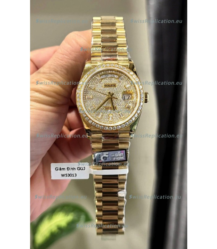 Rolex Day Date Super Clone Yelllow Gold Plated Custom Modified Diamonds Paved Watch 