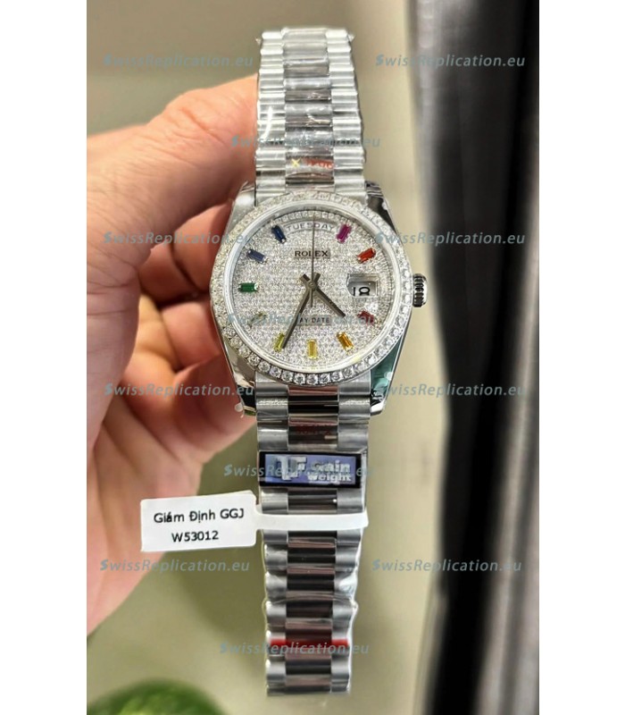 Rolex Day Date Super Clone White Gold Plated Custom Modified Diamonds Paved Watch 