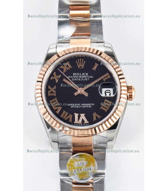 Rolex Super Clone Datejust ETA 2688 Movement 31MM Two Tone Rose Gold Swiss Black Dial