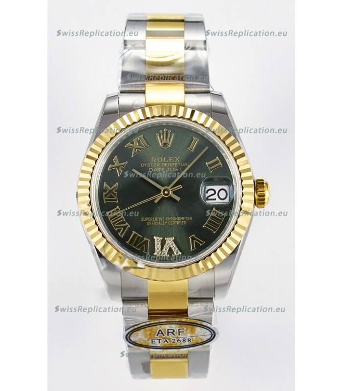 Rolex Super Clone Datejust ETA 2688 Movement 31MM Two Tone Yellow Gold Swiss Green Dial 