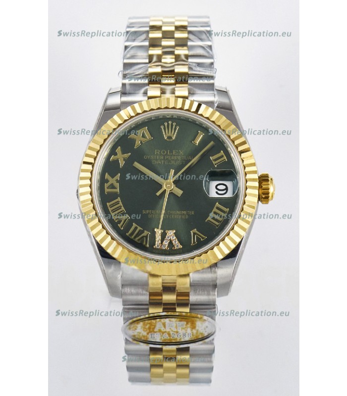 Rolex Super Clone Datejust ETA 2688 Movement 31MM Two Tone Yellow Gold Swiss Green Dial 