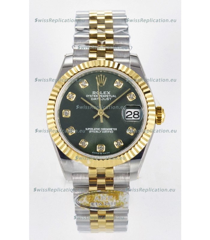 Rolex Super Clone Datejust ETA 2688 Movement 31MM Two Tone Yellow Gold Swiss Green Dial 