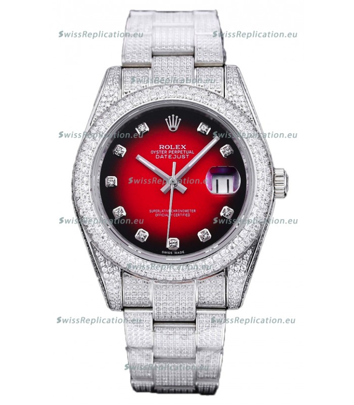 Rolex Datejust 41MM Swiss Replica - Iced Out Edition in Red Dial 