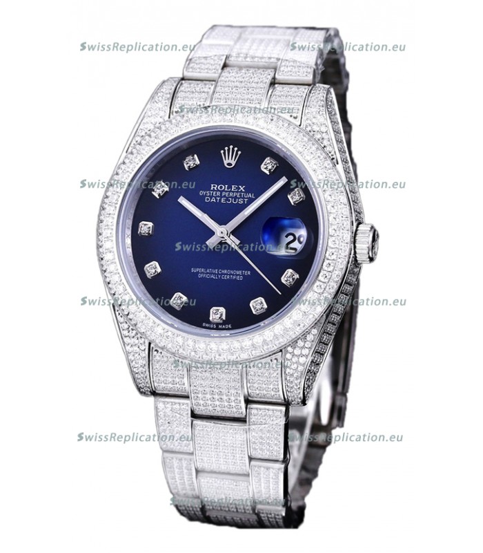 Rolex Datejust 41MM Swiss Replica - Iced Out Edition in Blue Dial 