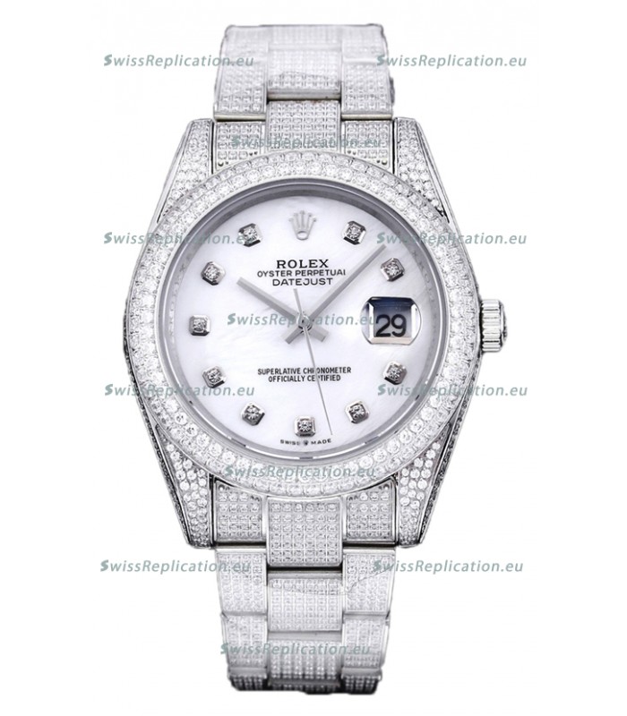Rolex Datejust 41MM Swiss Replica - Iced Out Edition in White Pearl Dial