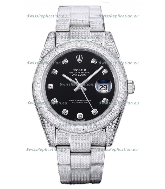 Rolex Datejust 41MM Swiss Replica - Iced Out Edition in Black Dial 