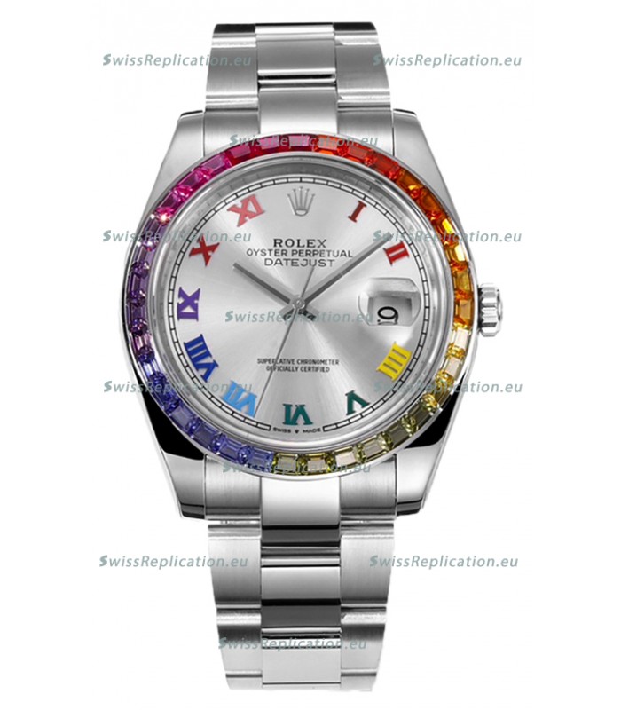 Rolex Datejust 41MM Swiss Replica Watch - 904L Steel in Rainbow Bezel 