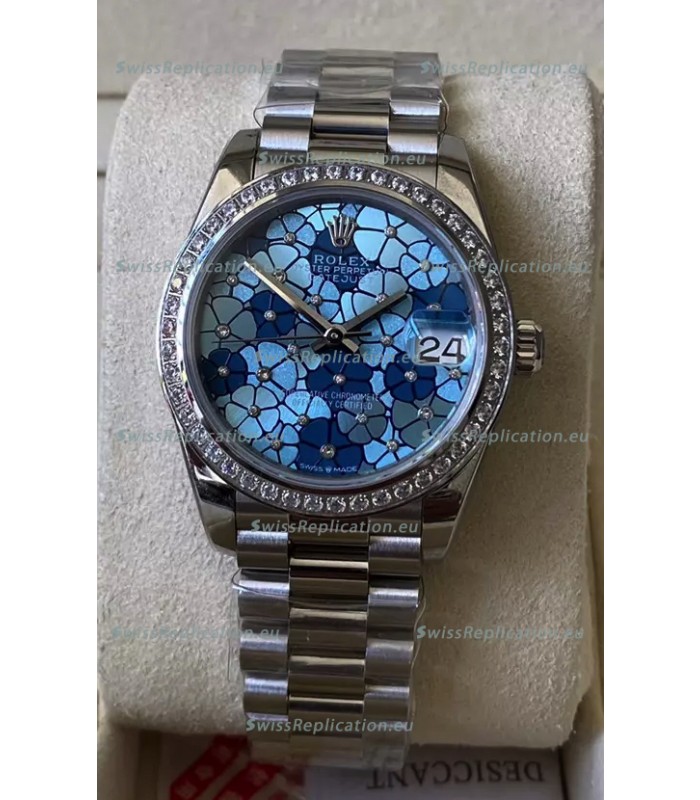 Rolex Datejust Ladies 31MM Cal.3135 Movement Swiss Replica Blue Motif Diamonds Bezel in 904L Steel Casing