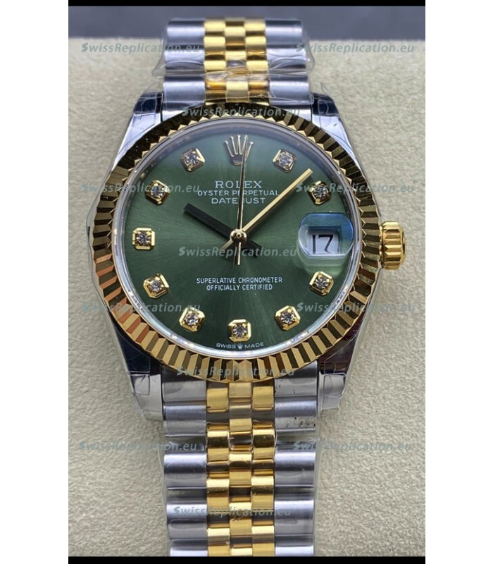 Rolex Datejust 31MM Swiss Watch in 904L Steel Two Tone Yellow Green Dial 1:1 Mirror Replica