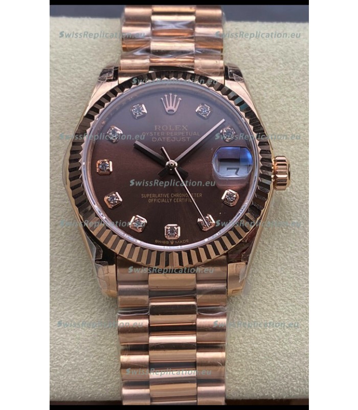 Rolex Datejust 31MM Swiss Watch in 904L Steel Rose Gold Chocolate Dial 1:1 Mirror Replica