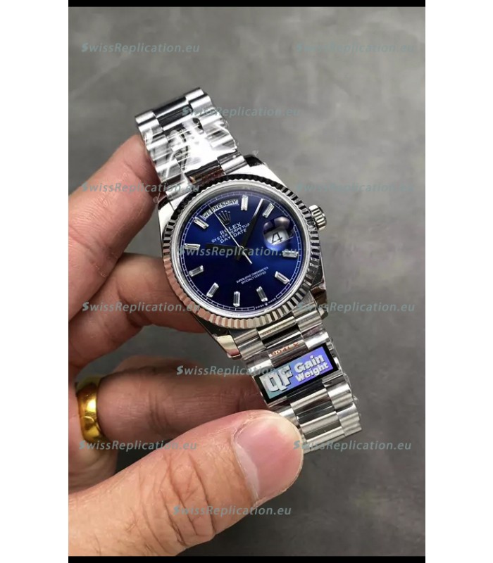 Rolex Day Date Super Clone Stainless Steel Blue Dial Crystal Numerals Watch 36MM - 1:1 Mirror Quality