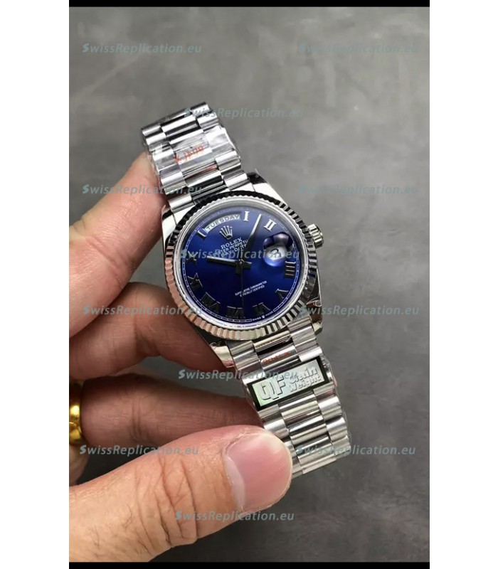 Rolex Day Date Super Clone Stainless Steel Blue Dial Small Roman Numerals Watch 36MM - 1:1 Mirror Quality