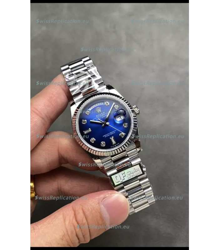 Rolex Day Date Super Clone Stainless Steel Blue Dial Diamonds Numerals Watch 36MM - 1:1 Mirror Quality