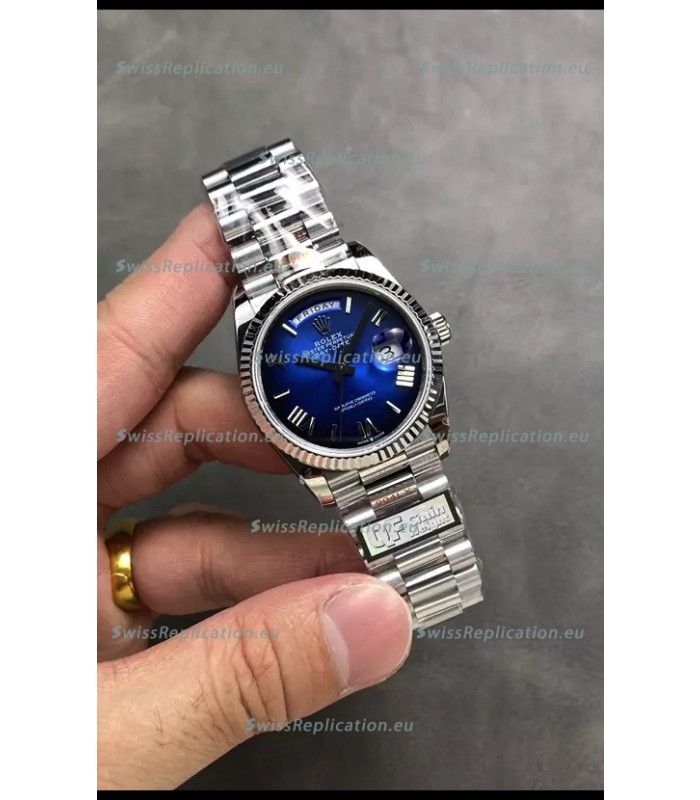 Rolex Day Date Super Clone Stainless Steel Blue Dial Large Roman Numerals Watch 36MM - 1:1 Mirror Quality