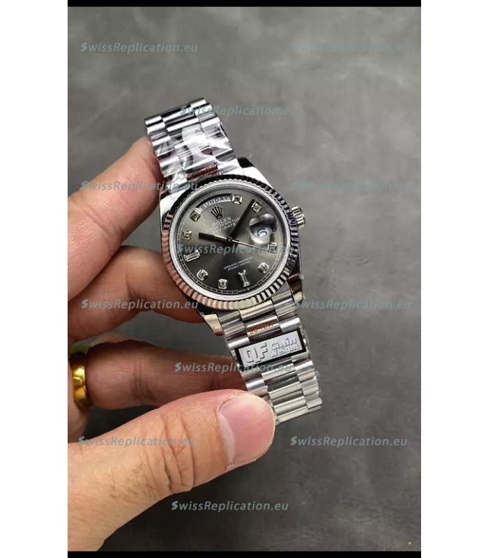 Rolex Day Date Super Clone Stainless Steel Grey Dial Diamonds Numerals Watch 36MM - 1:1 Mirror Quality